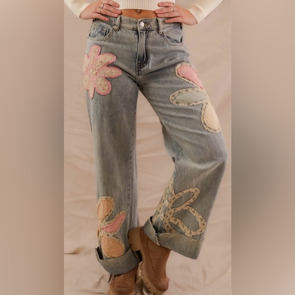 Blue and Pink Flare Jeans with Artistic Butterfly Design - Picture 12 of 15